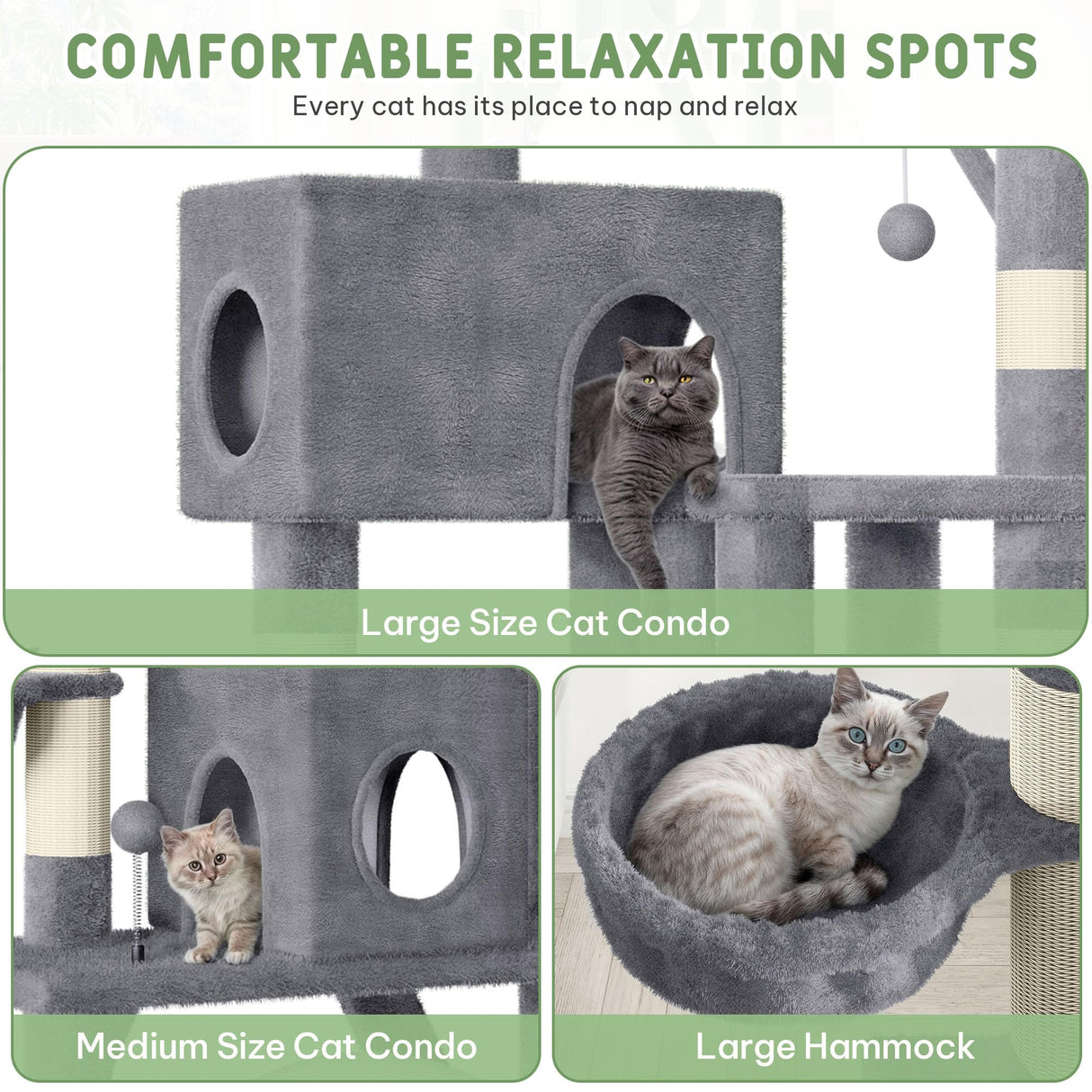 Homiflex Tall Cat Tree for Indoor Cats, 74" Multi-Level Cat Tower with Cat Condos, Plush Perches & Self-Cleaning Litter Box Base, Modern Cat Tree with Scratching Posts & Hammocks, Grey Homiflex