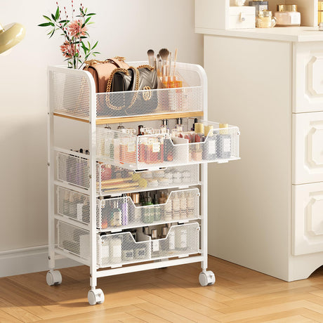 5-Tier Craft Organizer Cart with Wheels,Craft Organizers and Storage with Drawers,Lockable Wheels Rolling Utility Cart with DIY Divider,Office Supply Organizer,Ideal for Studio,Office,Bedroom,White Yociyoga