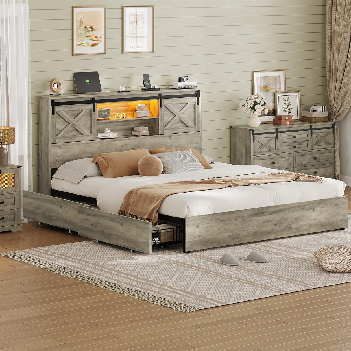 Hasuit Farmhouse Bed Frame King Size with 4 Storage Drawers, Wooden Platform King Beds with Charging Station and LED Lights, Rustic Bed with Storage Headboard and Sliding Barn Door Hasuit