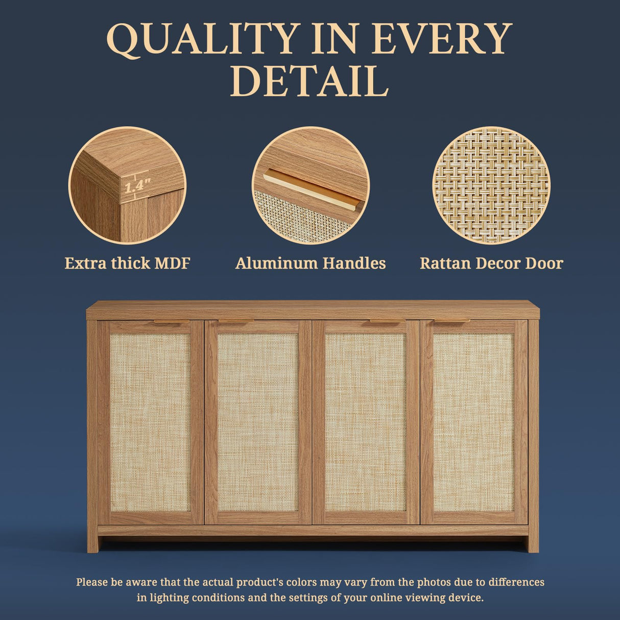 OAKHAM HOME Hampstead Rattan 4-Door Storage Sideboard Cabinets with Adjustable Shelves, Boho Accent Buffet Cupboard Console for Kitchen, Living Room, and Hallway OAKHAM HOME