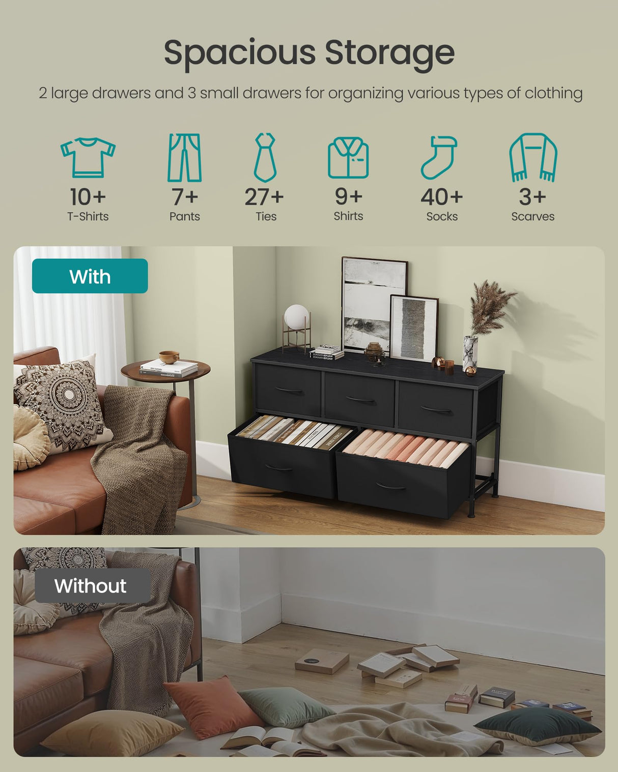 SONGMICS Dresser for Bedroom, Chest of Drawers, Steel, MDF, 5 Non-Woven Fabric Drawers, Storage Organizer Unit, Closet, Entryway, Ink Black and Ebony Black ULGS322B01S SONGMICS