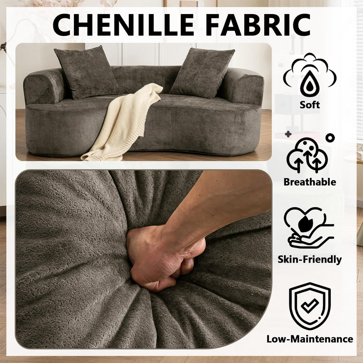 80” Curved Loveseat for Small Spaces, Grey Curved Couches for Living room, Compression Sofa in a Box with 2 Pillows, Small Couch for Bedroom with Wide Armrest & Memory Foam, No Assembly Required Thctvous