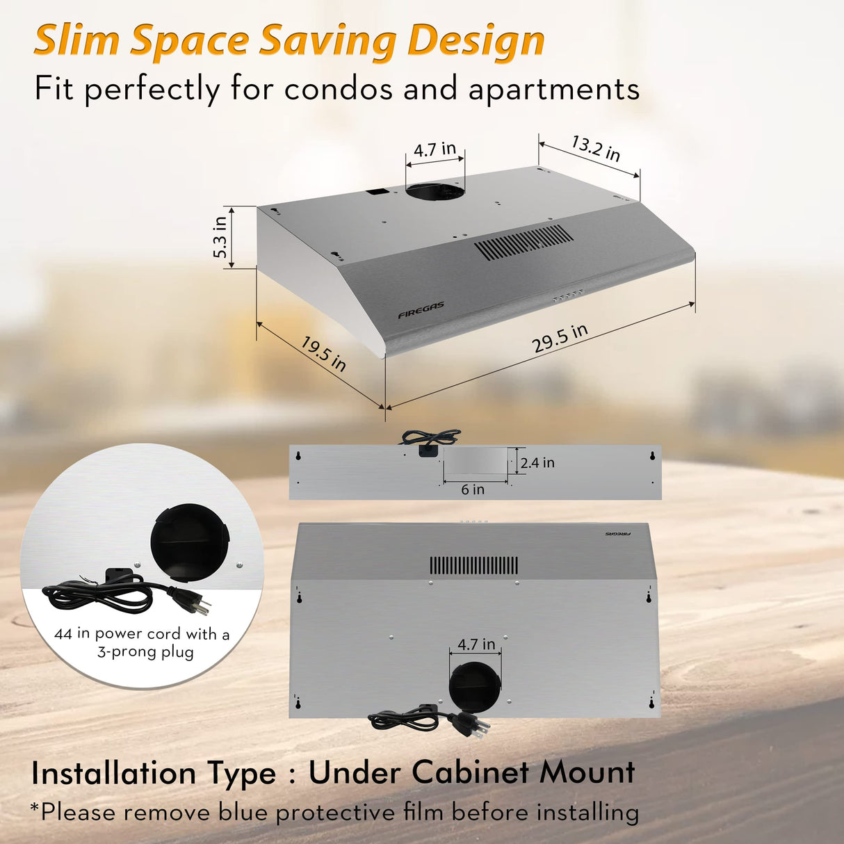 FIREGAS Under Cabinet Range Hood 30 inch, Ducted/Ductless Convertible Kitchen Hood Over Stove Vent, LED Light, 3 Speed Exhaust Fan, Reusable Aluminum Filters, Push Button, with Charcoal Filter FIREGAS
