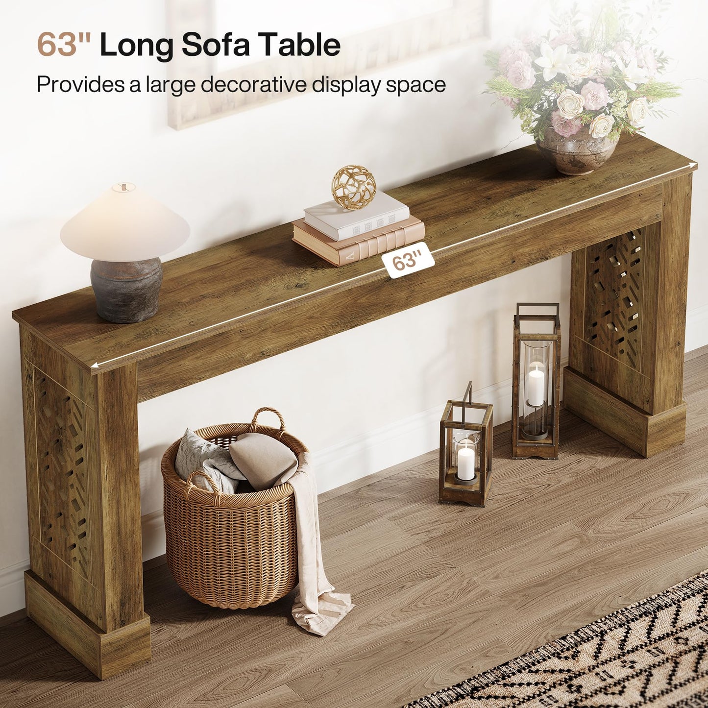 Tribesigns 63-Inch Farmhouse Console Table for Entryway, Industrial Wood Sofa Table Behind Couch with Retro Hollow Pattern Legs for Living Room, Hallway, Foyer, Rustic Brown