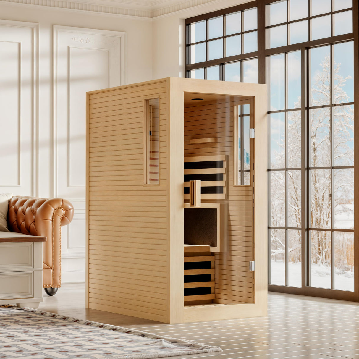 SWHSE Full Spectrum Infrared Sauna, Personal Sauna for Home with 7 Heating Panels&1 Carbon Tube,Indoor Dry Sauna with Adjustable Seat and Bluetooth Speaker，Canadian Hemlock,120V SWHSE