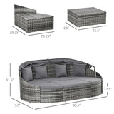 Outsunny 4-Piece Outdoor Rattan Furniture Set, Round Convertible Patio Daybed or Sunbed, Sectional Sofa with Canopy, Pillows, Cushions, Footrest, Table, PE Plastic Wicker, Gray Outsunny
