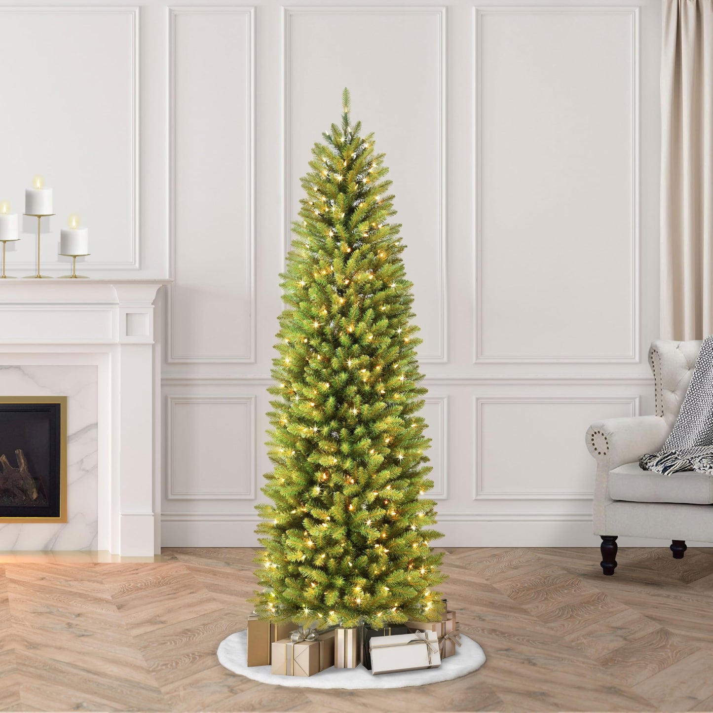 Puleo International 7.5 Foot Pre-Lit Fraser Fir Pencil Artificial Christmas Tree with 350 UL Listed Clear Lights, Green, 32 x 32 x 90 inches