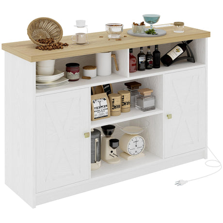 IRONCK Coffee Bar Cabinet with Power Strip, 47" Storage Cabinet with Barn Doors and Thickened Top Board, White Sideboard, Buffet for Dinning Room, Kitchen, Living Room IRONCK
