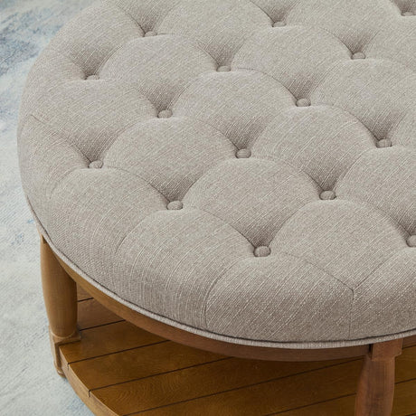 24KF Upholstered Round Coffee Table with Wooden Shelf, Tufted Button Large Round Ottoman with Spindle Wooden Legs, Linen Large Footrest Ottoman Pouf for Living Room, Linen 24KF