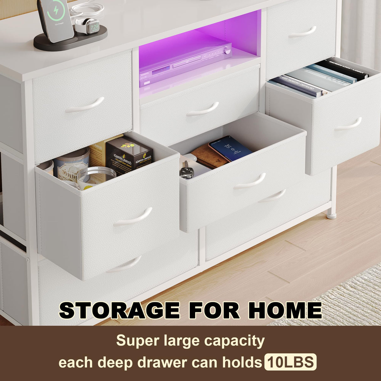 EKNKOZY Dresser TV Stand with 8 Drawers, Dresser TV Stand with LED Lights & Power Outlets, Bedroom Dresser, Chest of Drawers for 55'' Long TV, Wide Fabric Dresser (White) EKNKOZY