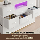 EKNKOZY Dresser TV Stand with 8 Drawers, Dresser TV Stand with LED Lights & Power Outlets, Bedroom Dresser, Chest of Drawers for 55'' Long TV, Wide Fabric Dresser (White) EKNKOZY