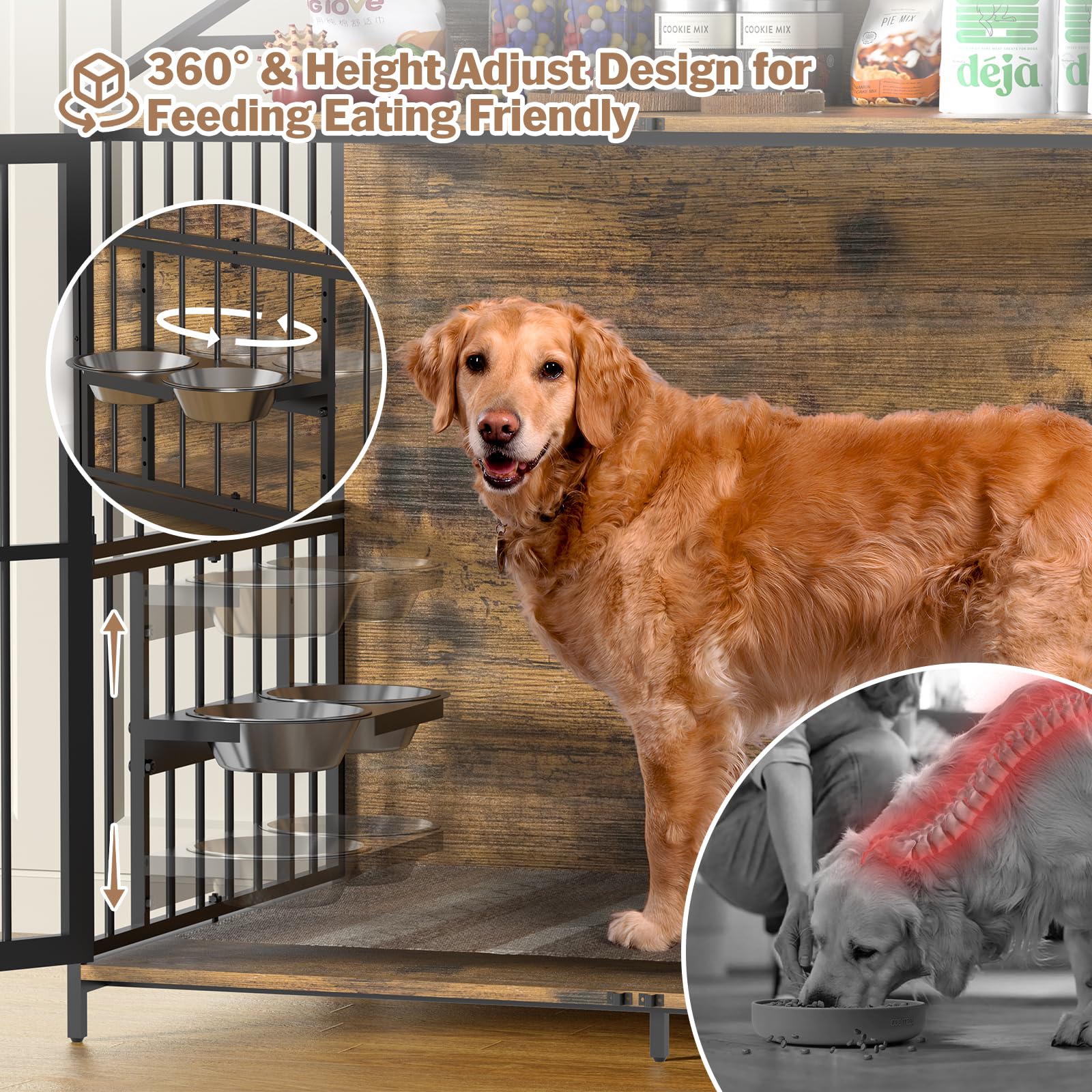 48" Furniture Style Large Dog Crate with 360° & Adjustable Height Feeder 2 Stainless Bowls, Double Door Wooden End Table House Kennel Indoor Use for Dogs - WoodArtSupply