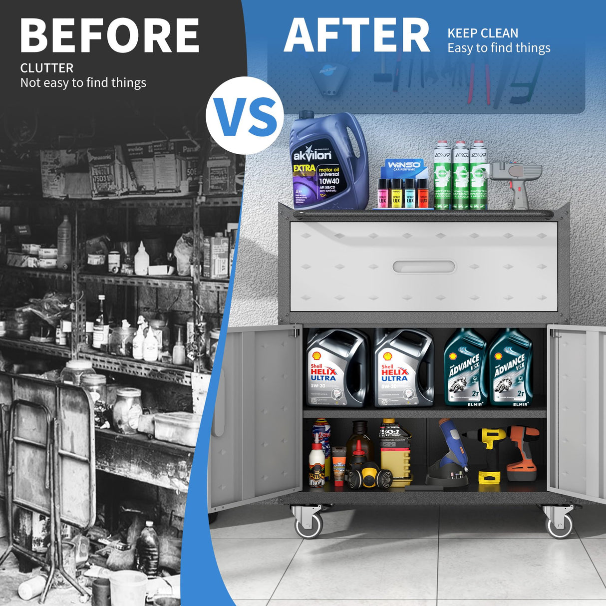 BIZOEIRON Metal Storage Cabinet with Wheels, Rolling Tool Cabinet with Adjustable Shelve, Locking Garage Storage Cabinet with 1 Drawer and 2 Doors for Tools, Assembly Required (Black/Grey) BIZOEIRON