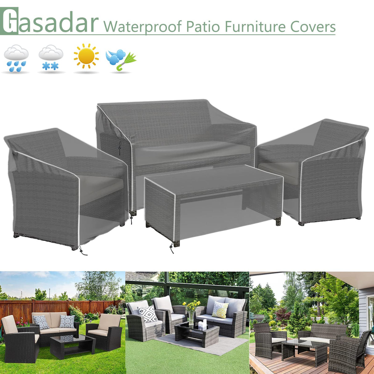 Gasadar Patio Furniture Covers, 4-Piece Outdoor Furniture Cover Waterproof for Patio Loveseat, Chair and Coffee Table, 600D Heavy Duty, Grey Gasadar