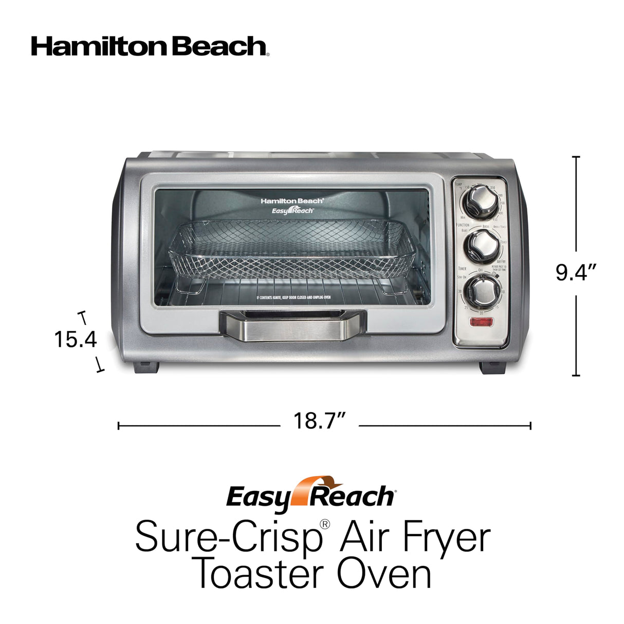 Hamilton Beach Toaster Oven Air Fryer Combo with Large Capacity, Fits 6 Slices or 12” Pizza, 4 Cooking Functions for Convection, Bake, Broil, Roll-Top Door, Easy Reach Sure-Crisp, Stainless Steel Hamilton Beach