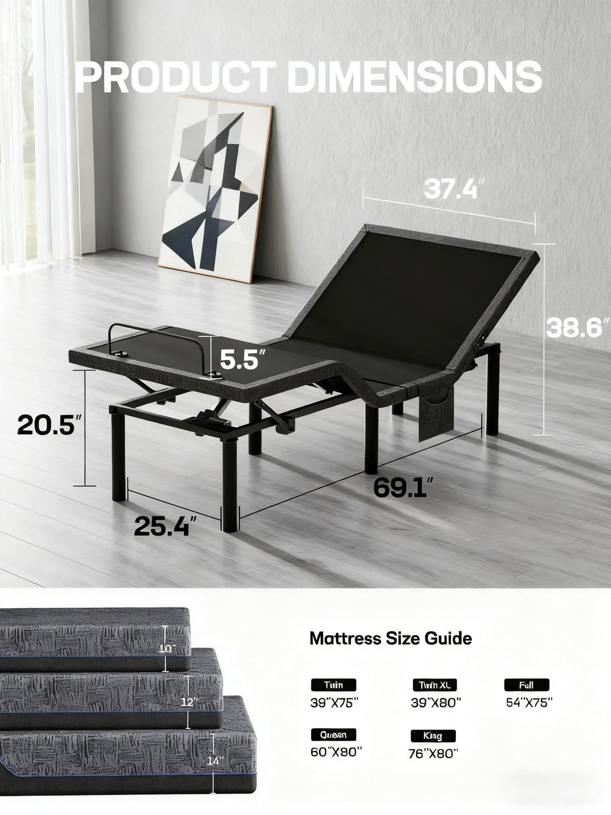 Ciays NS0 Twin XL Smart Adjustable Bed Base with Dual Motor, Wireless Remote, Zero Gravity & Anti-Snore Modes, Under Bed Lighting, and 4 USB Ports. It's Designed for a Quick 3-Minute Assembly. Ciays