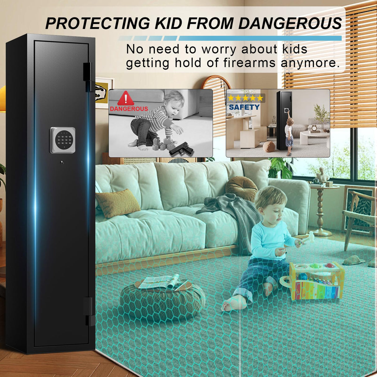 ANXINWEI 2-3 Gun Safe, Gun Cabinet with 180° Full Access Door and Removable Shelf, Gun Safe for Rifles and Pistols with Dual Alarm System and Mute Mode, Quick Access Long Shotgun Safe with LED ANXINWEI