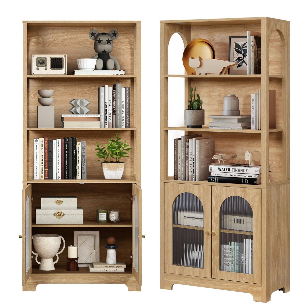 RARZOE Set of 2 Bookshelves and Bookcases, 5-Tier Arched Bookshelf with Glass Doors, Floor Standing 5 Shelf Book case, Wood Display Cabinet Storage Organizer for Living Room, Bedroom, Office(Natural) RARZOE