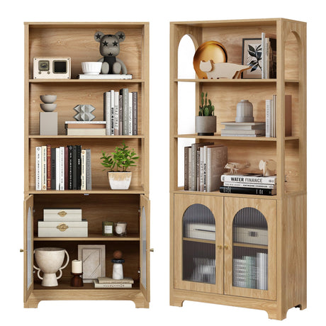 RARZOE Set of 2 Bookshelves and Bookcases, 5-Tier Arched Bookshelf with Glass Doors, Floor Standing 5 Shelf Book case, Wood Display Cabinet Storage Organizer for Living Room, Bedroom, Office(Natural) RARZOE