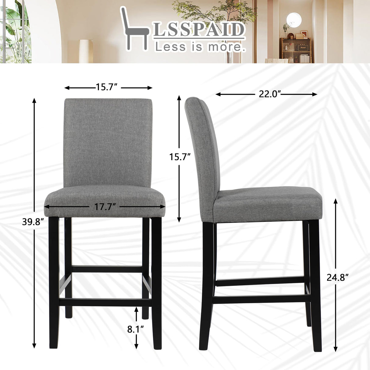 LSSPAID Bar Stools Set of 2, 24.8 Inch Upholstered Fabric Counter Height Stools, Modern Kitchen Island Wood Bar Chairs Barstools with Backrest and Solid Wood Legs, Grey LSSPAID