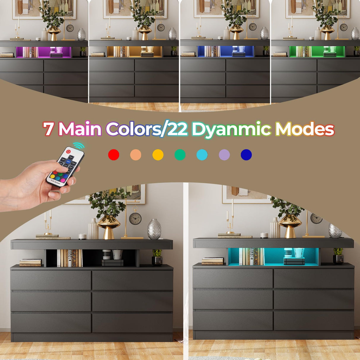 BEWISHOME Black Dresser for Bedroom with Charging Station and LED Lights, 6 Drawer Dresser Chests of Drawers, Wood Dressers for Closet, Modern Wide Dressers with Open Space, TV Stand, Black KCG02B BEWISHOME