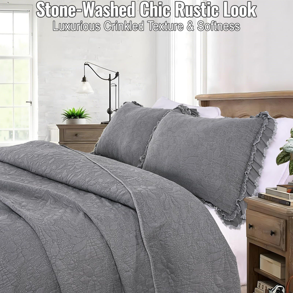 Uspring Grey Ruffled Floral Quilts Queen Size Soybean Fiber Filling Bedding Set 3 Piece, Stone-Washed Microfiber Farmhouse Shabby Chic Lightweight Soft Bedspread Coverlet for All Season, 90'' x 90'' Uspring
