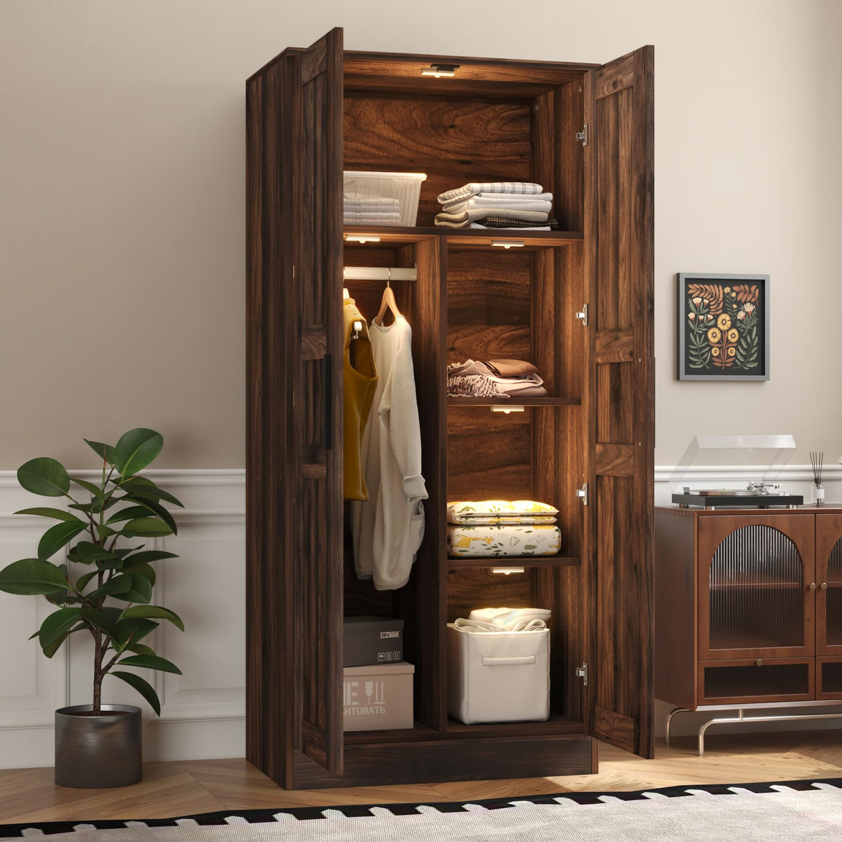 Merax Small Wardrobe Closet with 2 Doors, Wooden 2-Door Armoire Wardrobe Closet with LED and Hanging Rail, Mid Century Brown Bedroom Armoire for Clothing, Brown Merax