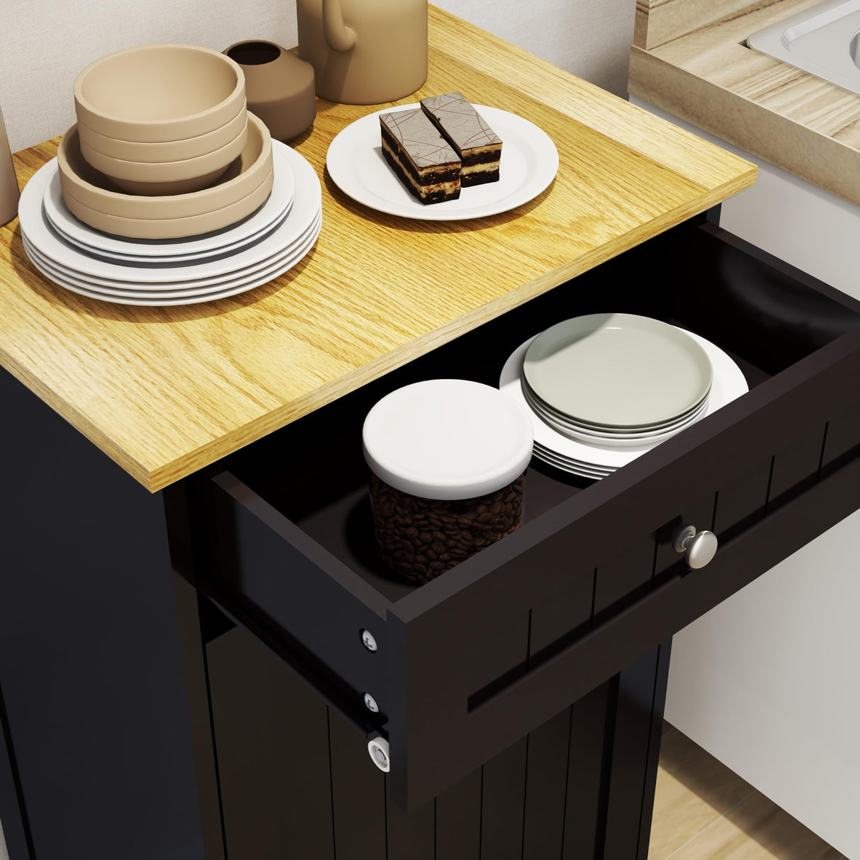 MiHunnor Wooden Simple Style Kitchen Trash Cabinet, Wooden Frame with Drawers and Tilt-Out Trash Cabinet for 10 Gallon Trash Cans 19.69'' W x 13.78'' D x 35.43'' H (Black-021) MiHunnor