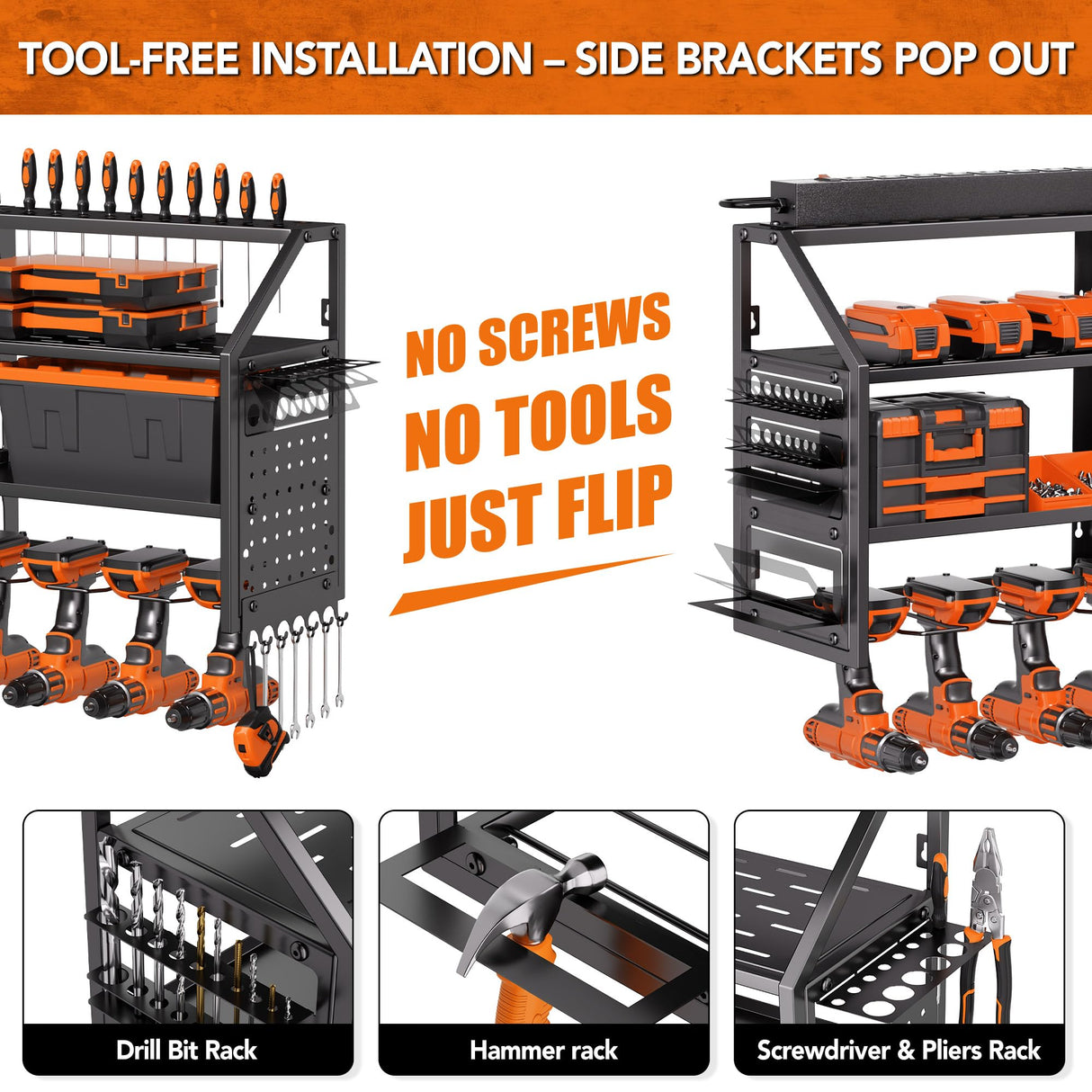 YFFSRJDJ Extra Large Power Tool Organizer Wall Mount with Charging Station, 12 Drill Holders Heavy Duty with 8-Outlet Power Strip, Garage Cordless Drill Storage and Organization, Battery Utility Rack YFFSRJDJ