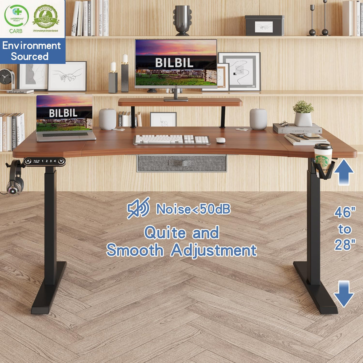 bilbil Dual Motor Electric Standing Desk with Drawer, 63x30 Inches Adjustable Height Sit Stand Up Desk with Storage Shelf, Home Office Desk Computer Workstation with Dark Walnut Top/Black Frame bilbil