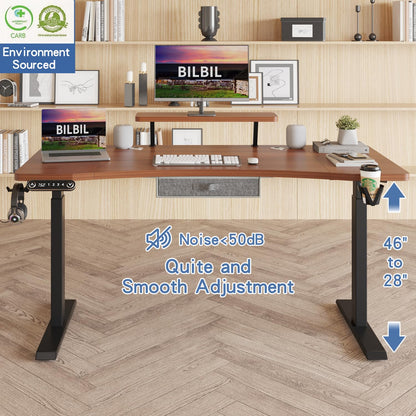 bilbil Dual Motor Electric Standing Desk with Drawer, 63x30 Inches Adjustable Height Sit Stand Up Desk with Storage Shelf, Home Office Desk Computer Workstation with Dark Walnut Top/Black Fra - WoodArtSupply