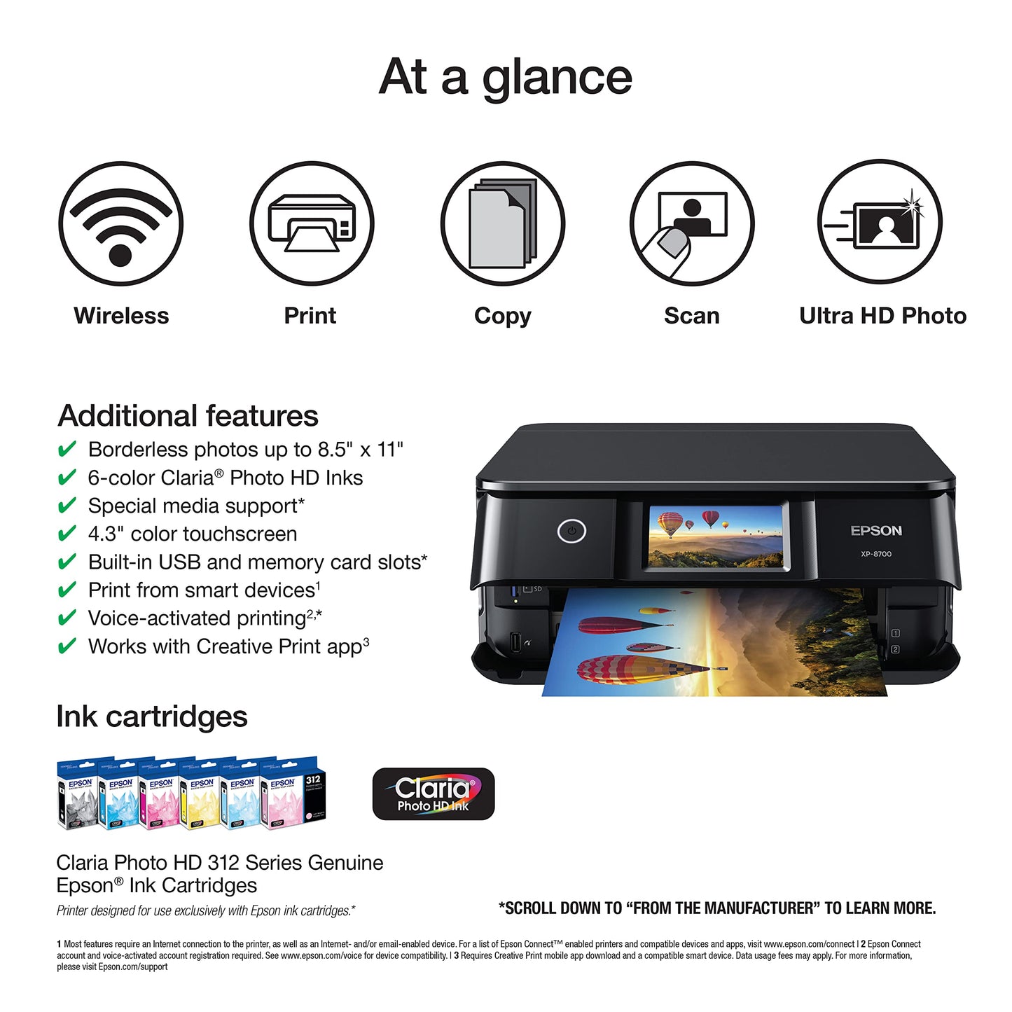 Epson Expression Photo XP-8700 Wireless All-in-One Printer with Built-in Scanner and Copier and 4.3" Color Touchscreen, Black