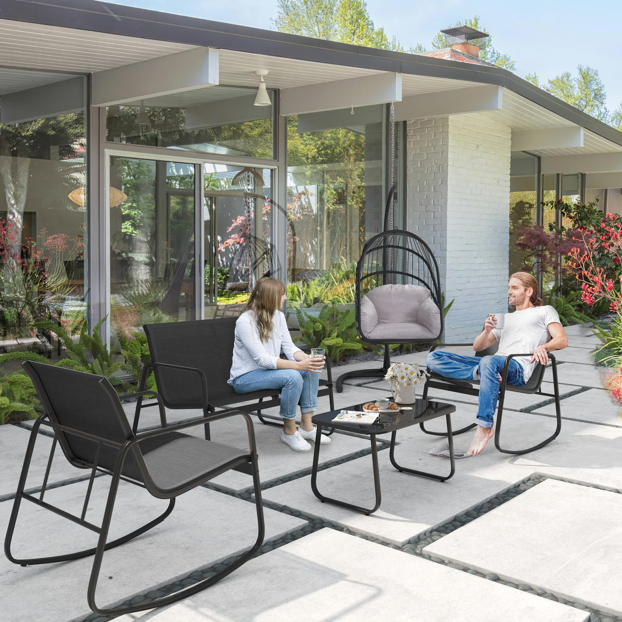 YITAHOME 4 Pieces Patio Furniture Set, Outdoor Textilene Conversation Sets Rocking Bistro Chairs, Loveseat and Glass Table for Living Room Lawn Garden Balcony Poolside Backyard (Black) YITAHOME