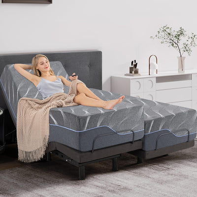 Split King Adjustable Bed Frame with Massage, 14 Inch Grey Gel Memory Foam Medium-Firm Mattress in Box, Updated Adjustable Bed Base with Thickened Foam Frame, Adjustable legs,Voice Control, Smart Bed