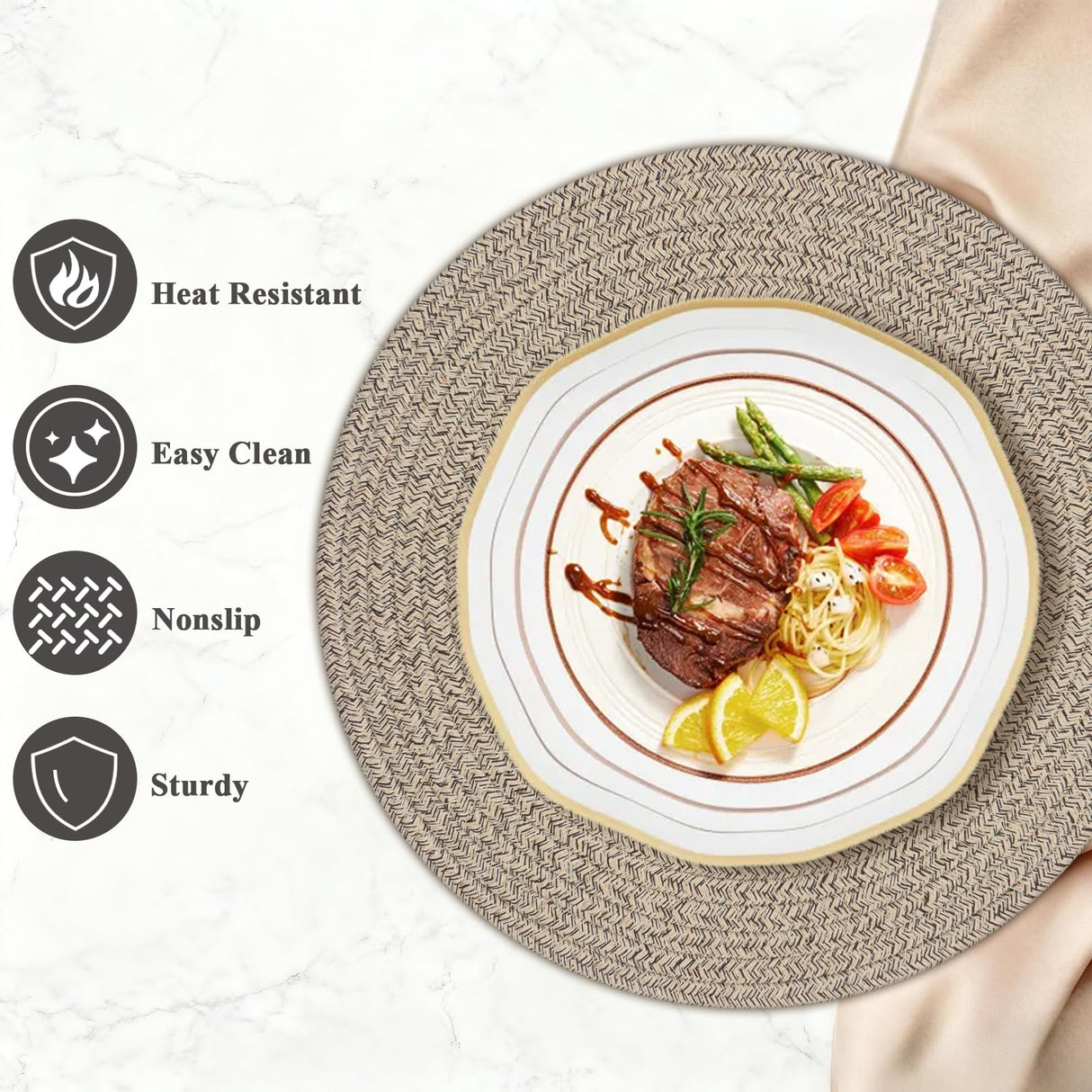 Round Placemats Set of 6, Cotton Rope Woven Table Mats, Hot Pads for Kitchen, Non Slip Heat Resistant Place Mats, 13 Inches Braided Placemat for Farmhouse Decor and Kitchen Table Decor (Brown) Jukercici