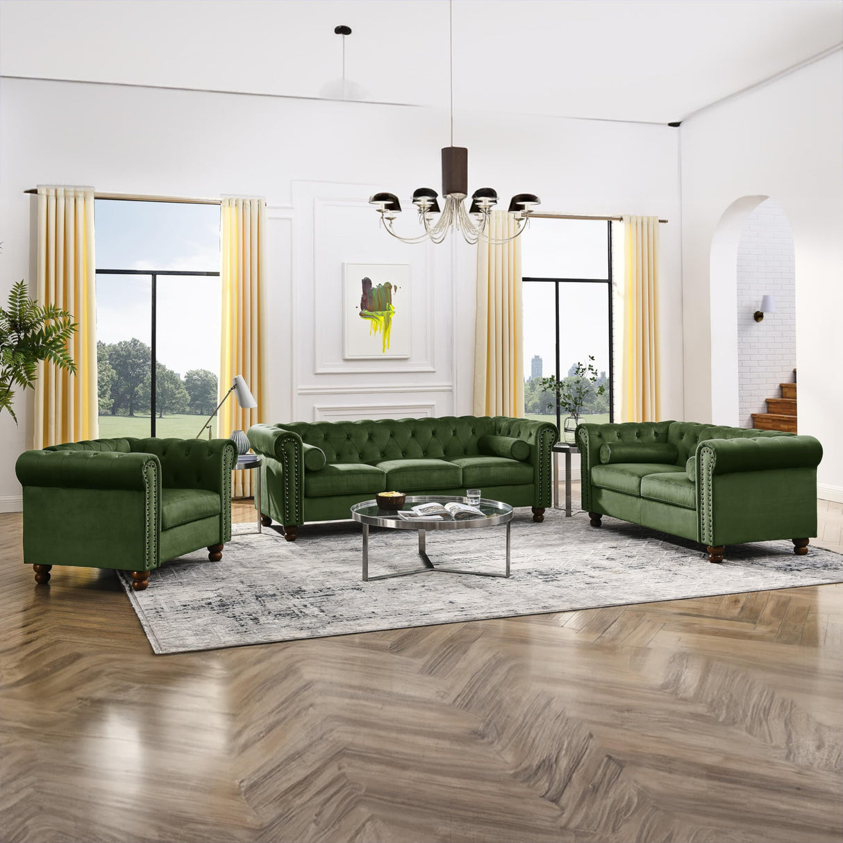 Asucoora Velvet Loveseat Couch, Rolled Arm 2-Seater Tufted Sofa with Nailhead Trim and 2 Neck Roll Pillows, Living Room Small Apartment Office Décor Green Asucoora