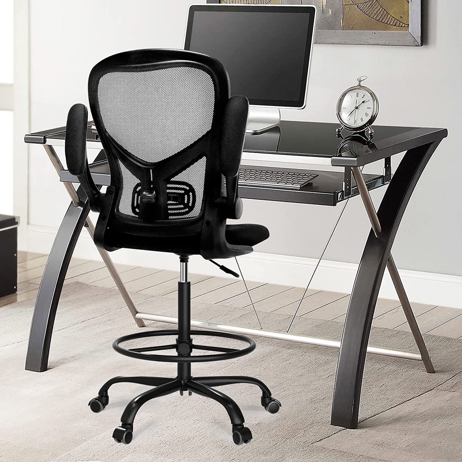 dreamlify Drafting Chair,Tall Standing Desk Chair Comfortable Office Chair with Foot Ring Flip-up Padded Arms Height Adjustable Computer Task Chair Ergonomic Mesh Mid-Back Desk Chair,Black - WoodArtSupply