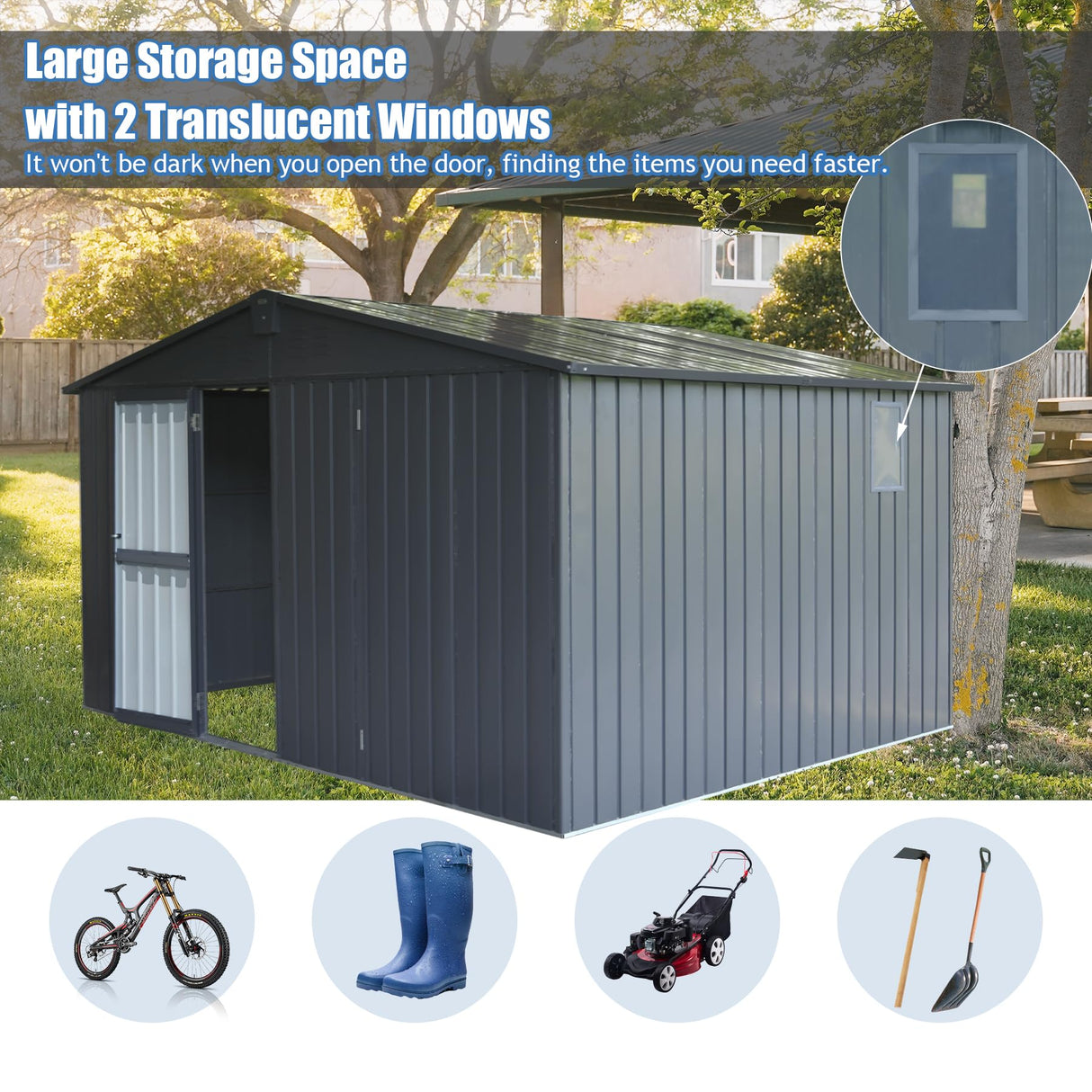 Domi Outdoor Storage Shed 11’ x 9’, Metal Sheds with Galvanized Steel Frame & Windows & Lockable Door, Garden Shed Tool Storage Room for Patio(Dark Gray) domi outdoor living