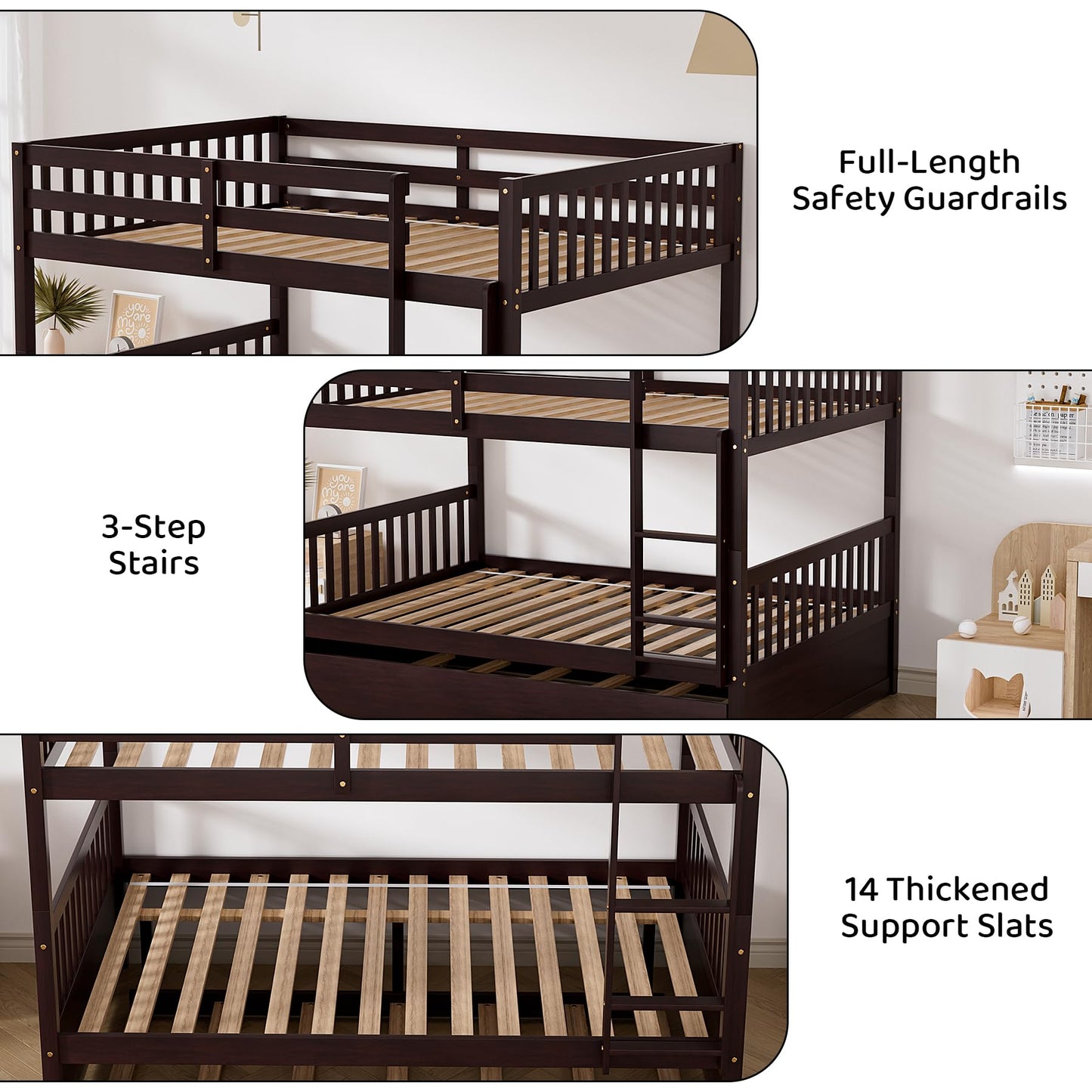 WIILAYOK Full Over Full Bunk Bed with Trundle, Convertible to 2 Full Size Platform Bed, Bunk Bed with Ladder and Safety Rails for Teens, Adults, Brown