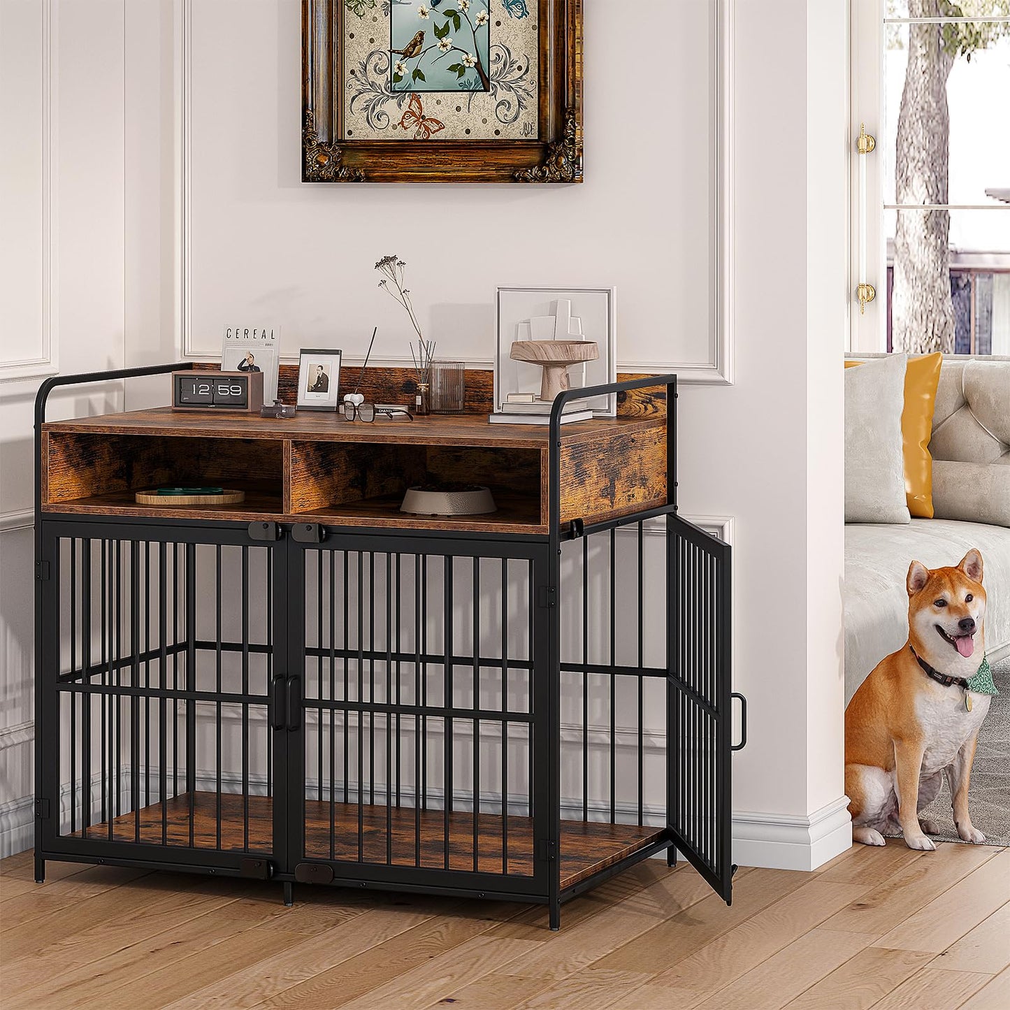 Saudism Large Dog Crate Furniture, Dog Kennel Indoor, Wood Dog Cage Table with Drawers Storage, Heavy Duty Dog Crate, Jaula para Perros, Sturdy Metal, 40.5" L×23.6" W×35.4" H - WoodArtSupply