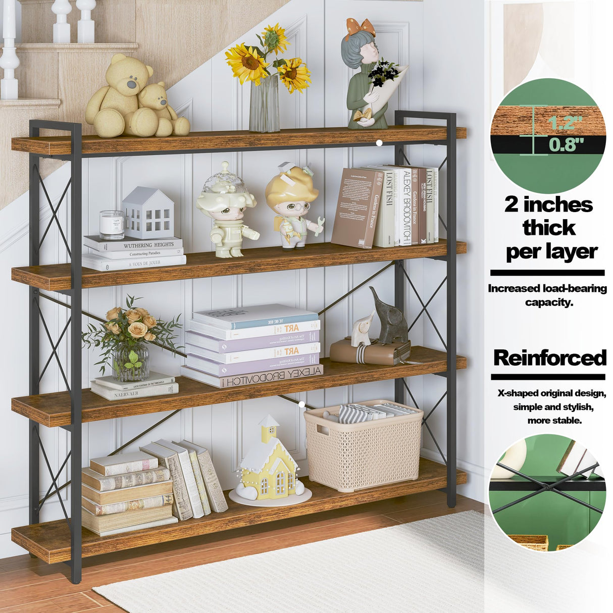 HCHQHS Large Bookshelf, 4-Tier Long Industrial Bookcase, Rustic Brown Book Shelf, Freestanding Horizontal Bookshelves with Metal Frame HCHQHS