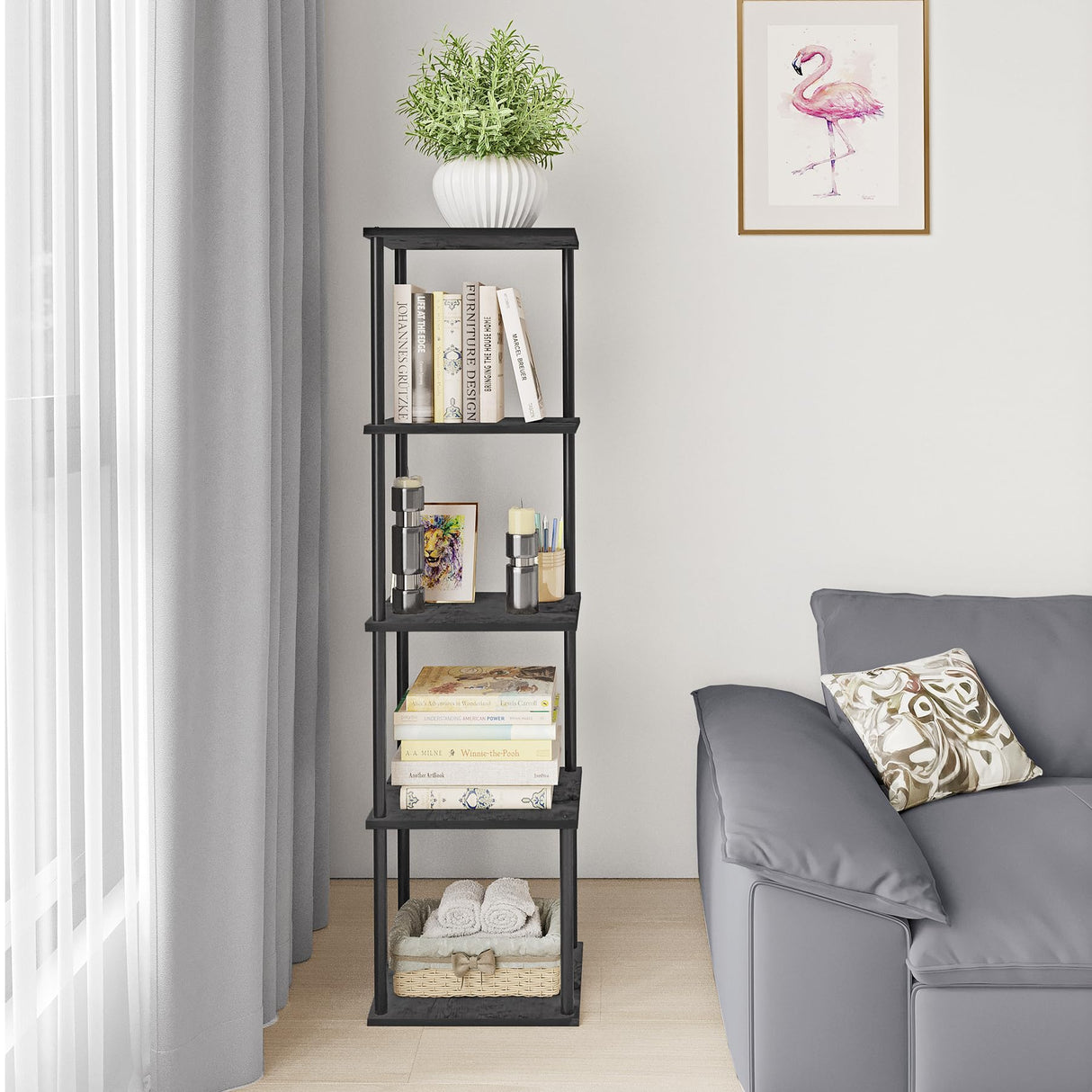 POBOMULI 46" Narrow Bookshelf, 5-Tier Tall Bookcase Small Space, Corner Book Shelf Slim Storage Display Rack Living Room Bedroom Study Office, Black POBOMULI