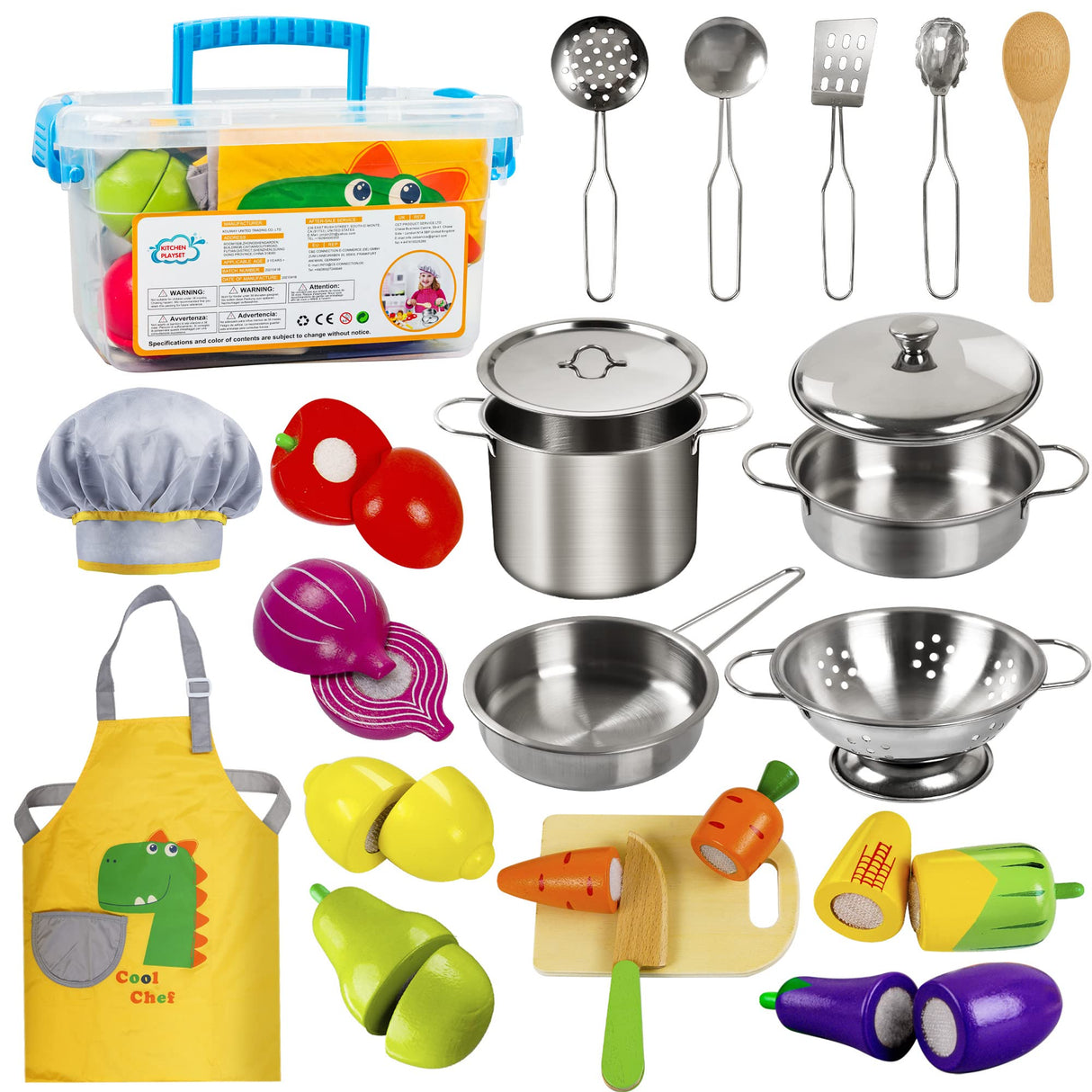 Sundaymot Play Kitchen Accessories, Wooden Play Food, Cooking Set with Stainless Steel Cookware Pots and Pans Utensils, Apron, Chef Hat, Cutting Food Kitchen Playset for Girls and Boys Sundaymot