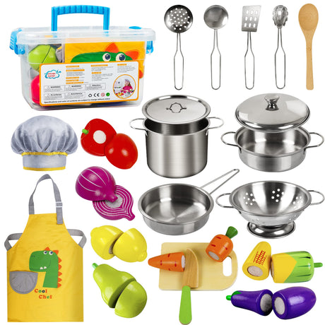 Sundaymot Play Kitchen Accessories, Wooden Play Food, Cooking Set with Stainless Steel Cookware Pots and Pans Utensils, Apron, Chef Hat, Cutting Food Kitchen Playset for Girls and Boys Sundaymot