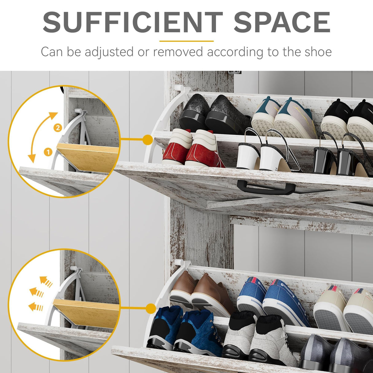 DWVO Farmhouse Shoe Storage Cabinet with 2 Flip Drawers for 16 Pairs, Entryway Shoe Storage with Shoe Bench, Narrow Slim Shoe Cabinet for Entryway, Living Room, Hallway (Embossed White) DWVO