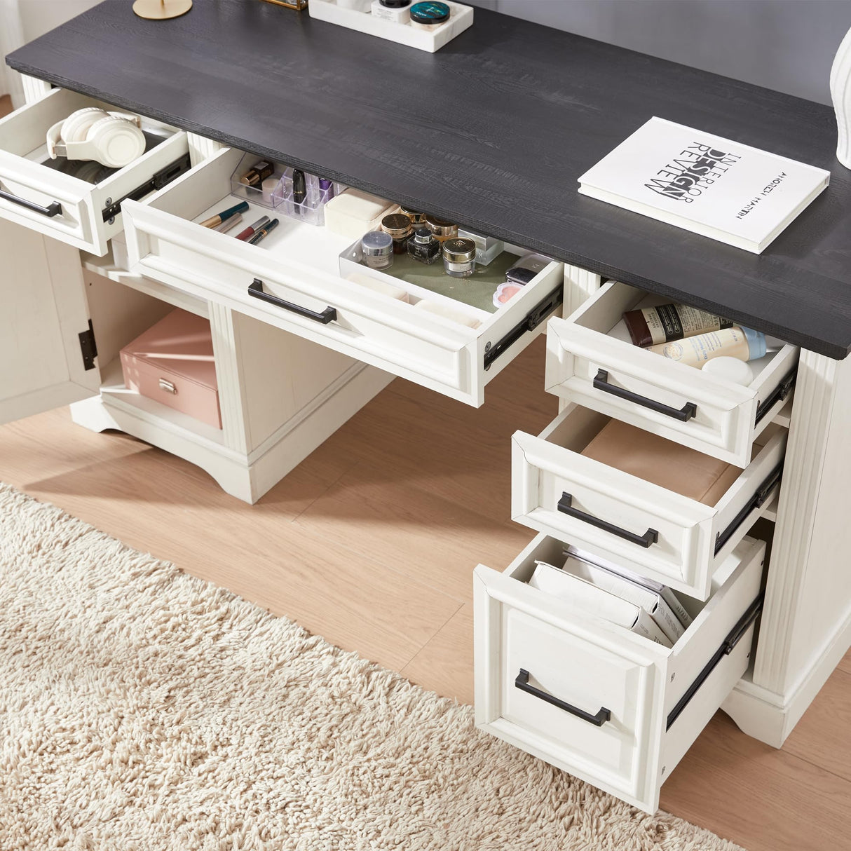 JXQTLINGMU 58" Executive Desk, Farmhouse Computer Desk with Drawers and Cabinet, Embossed Texture Home Office Desk, Workspace for Work Study Writing, White JXQTLINGMU