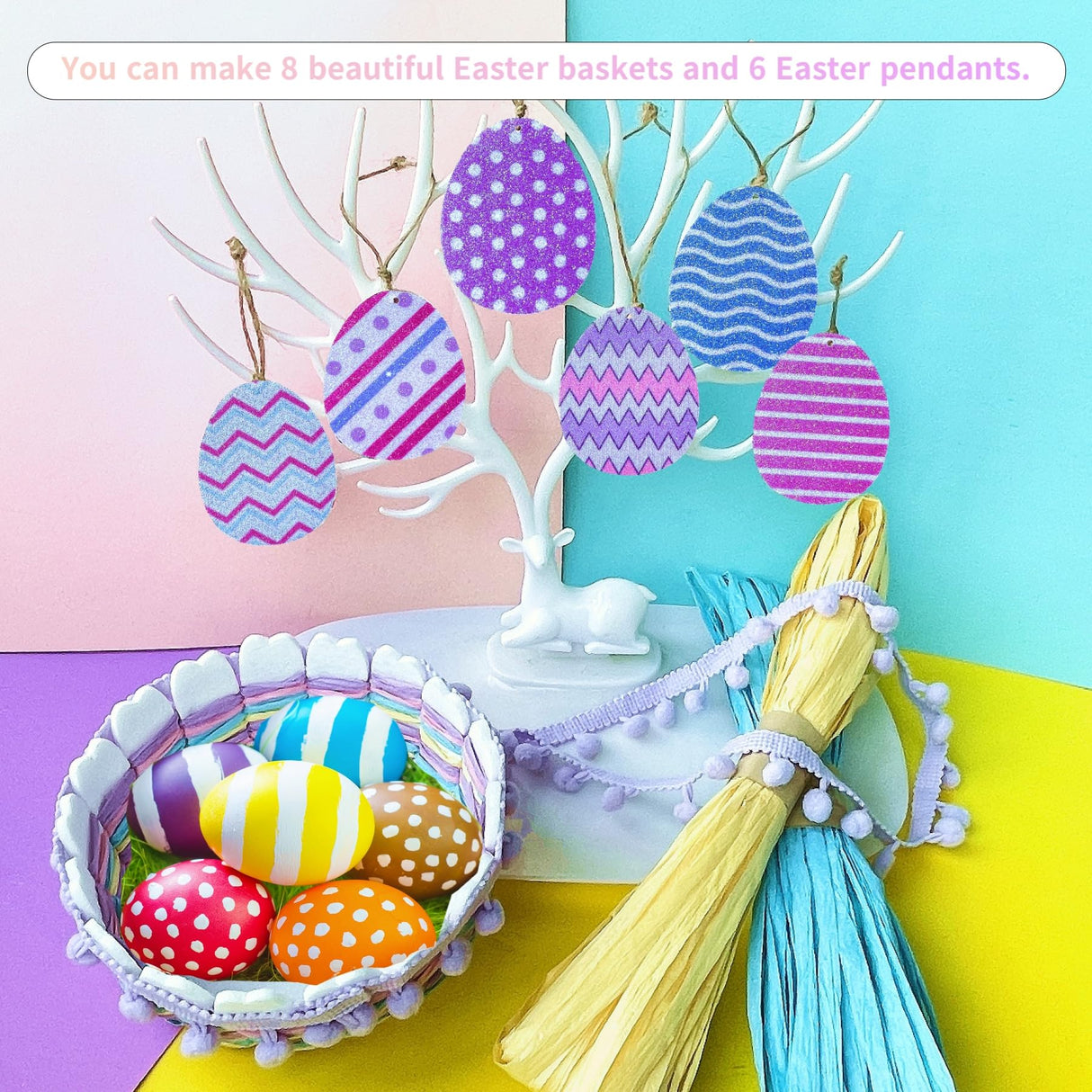 AOUXSEEM 8 Sets Cute Basket Weaving DIY Making Kits for Beginners, Colorful Raffia Ribbons Woven Storage Basket Bowls with Pom Poms Trim Tassel for Eggs AOUXSEEM