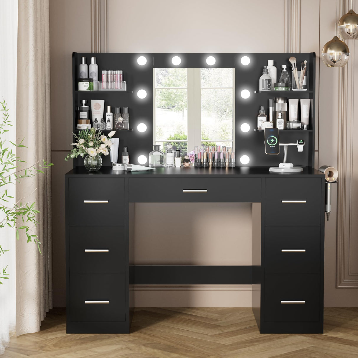 YESHOMY Vanity Desk with Mirror, Power Outlet and 10 Lights, Makeup Table with 7 Drawers, 3 Color Modes Available for Bedroom, Dark Black YESHOMY