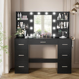 YESHOMY Vanity Desk with Mirror, Power Outlet and 10 Lights, Makeup Table with 7 Drawers, 3 Color Modes Available for Bedroom, Dark Black YESHOMY