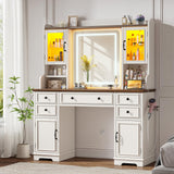 EnHomee Vanity Desk with Mirror and Lights, 43" White Makeup Vanity Desk with 5 Drawers & 2 RGB Glass Cabinets, Adjustable 3 LED Lights for Bedroom, Farmhouse Dressing Table for Women EnHomee